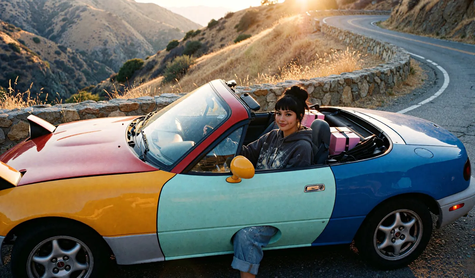 Juno drives her five-colour convertible through a canyon hairpin at sunrise