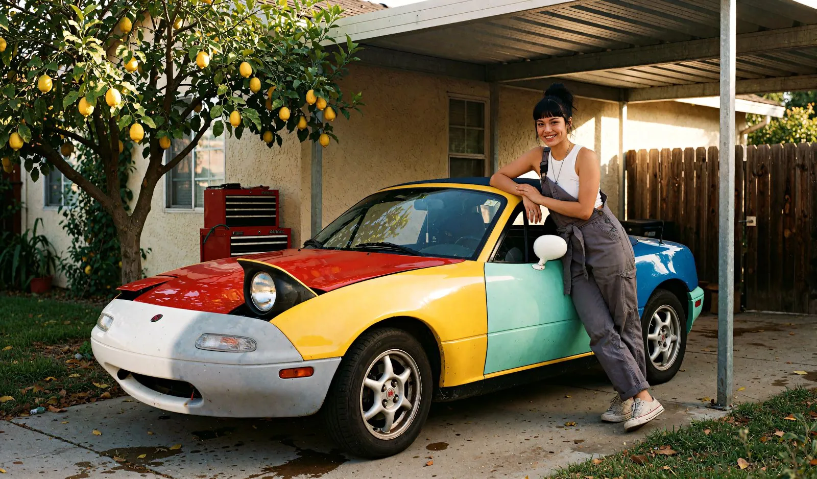 Juno on the mint door of her patchwork Miata