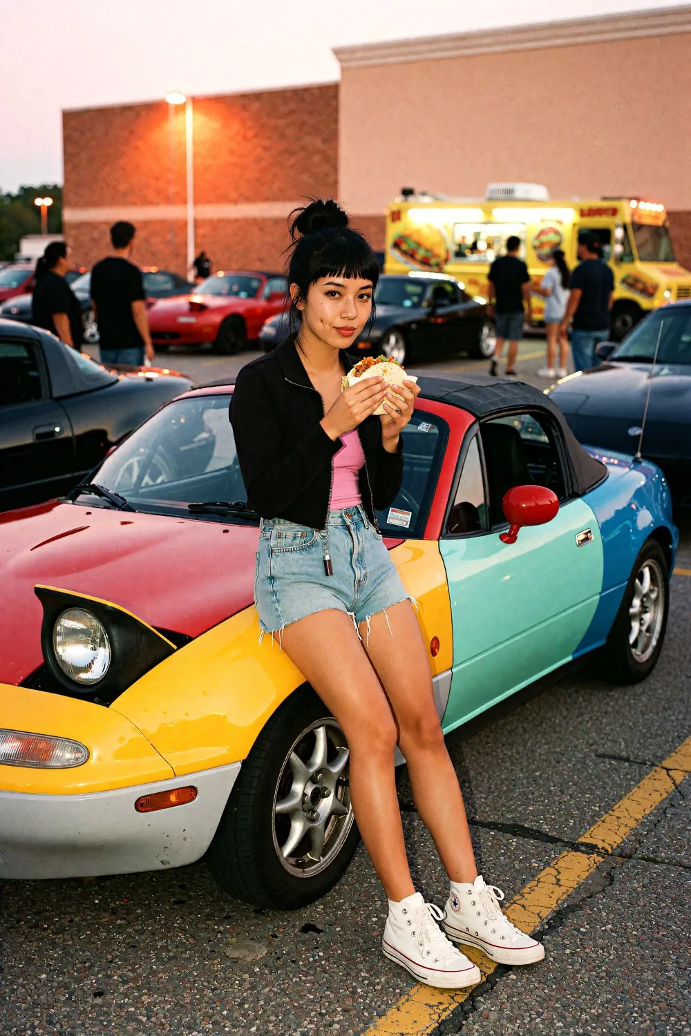 Juno eats a taco on her car door, deadpan