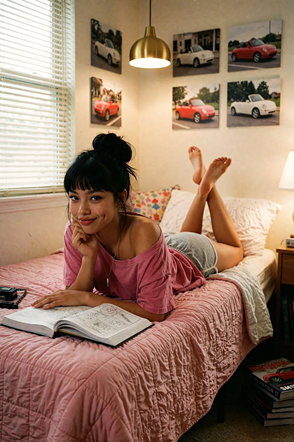 Juno lies on her bed with a repair manual, feet up