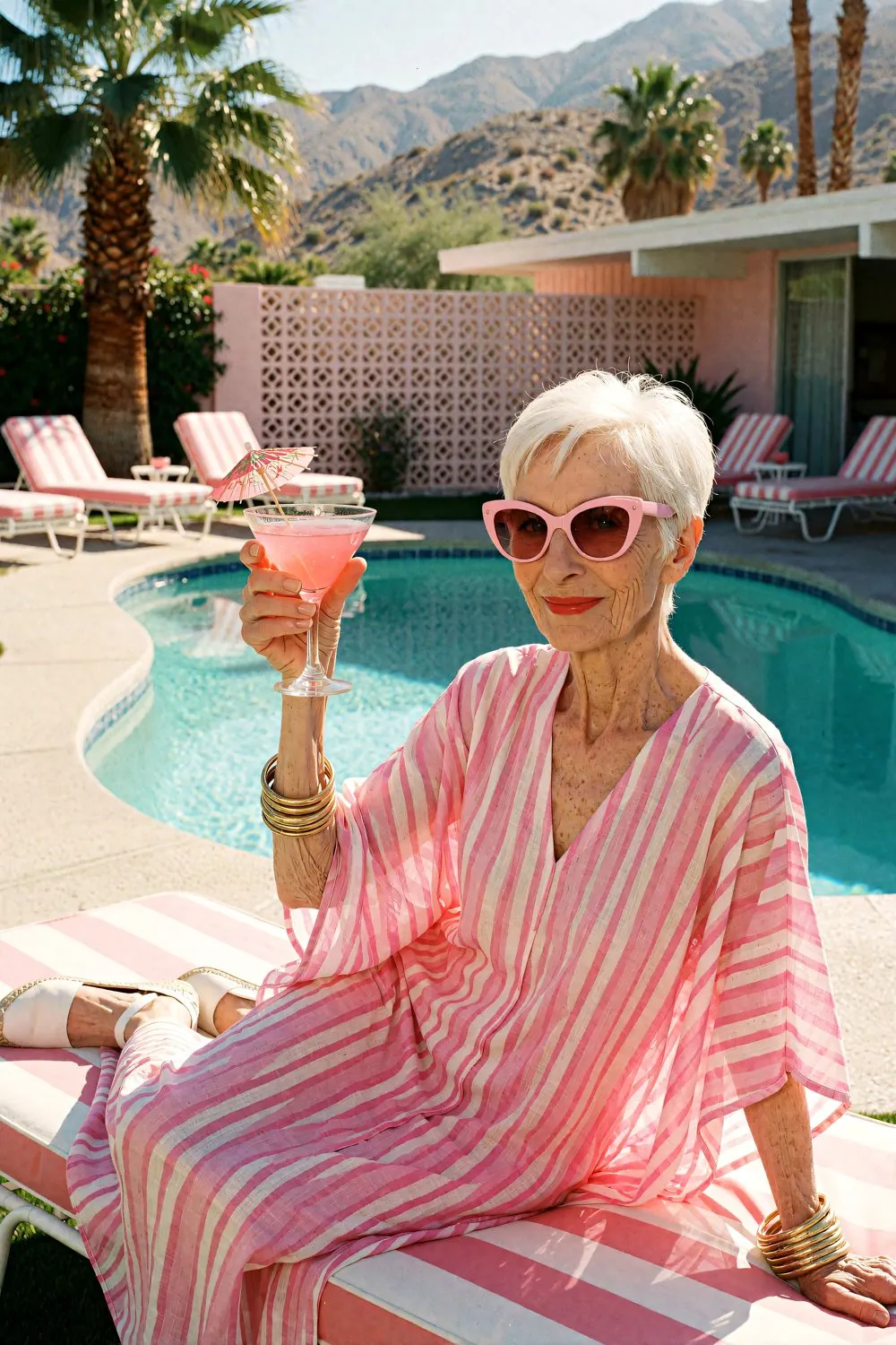 Dot on a lounger raising a pink cocktail
