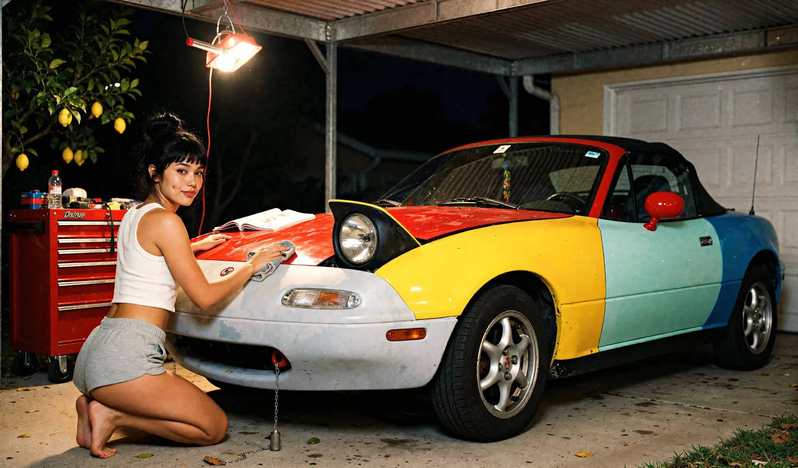 Under the work light she polishes the red hood