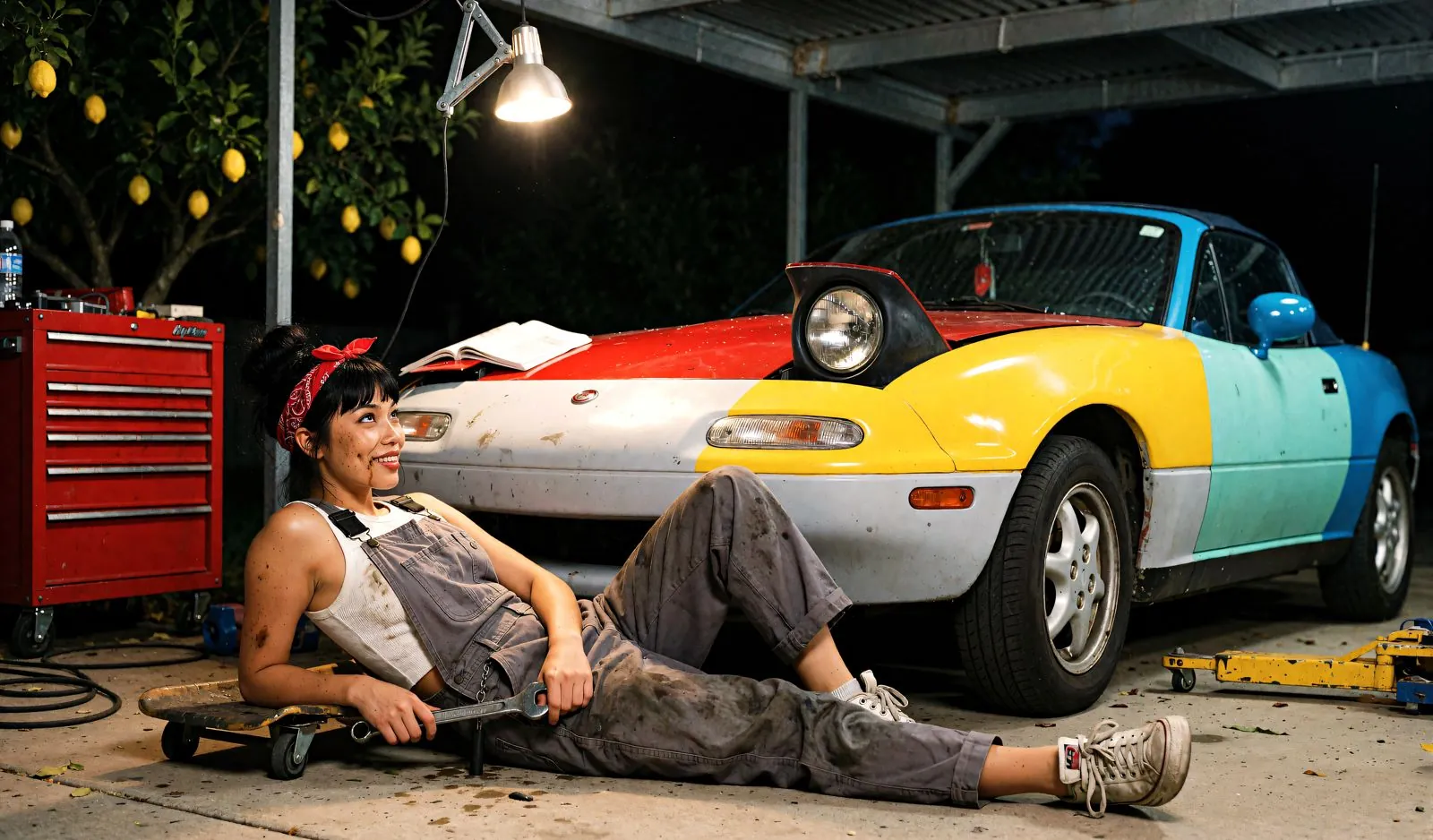 On a creeper under the car, grease on her cheek, a wrench in her teeth