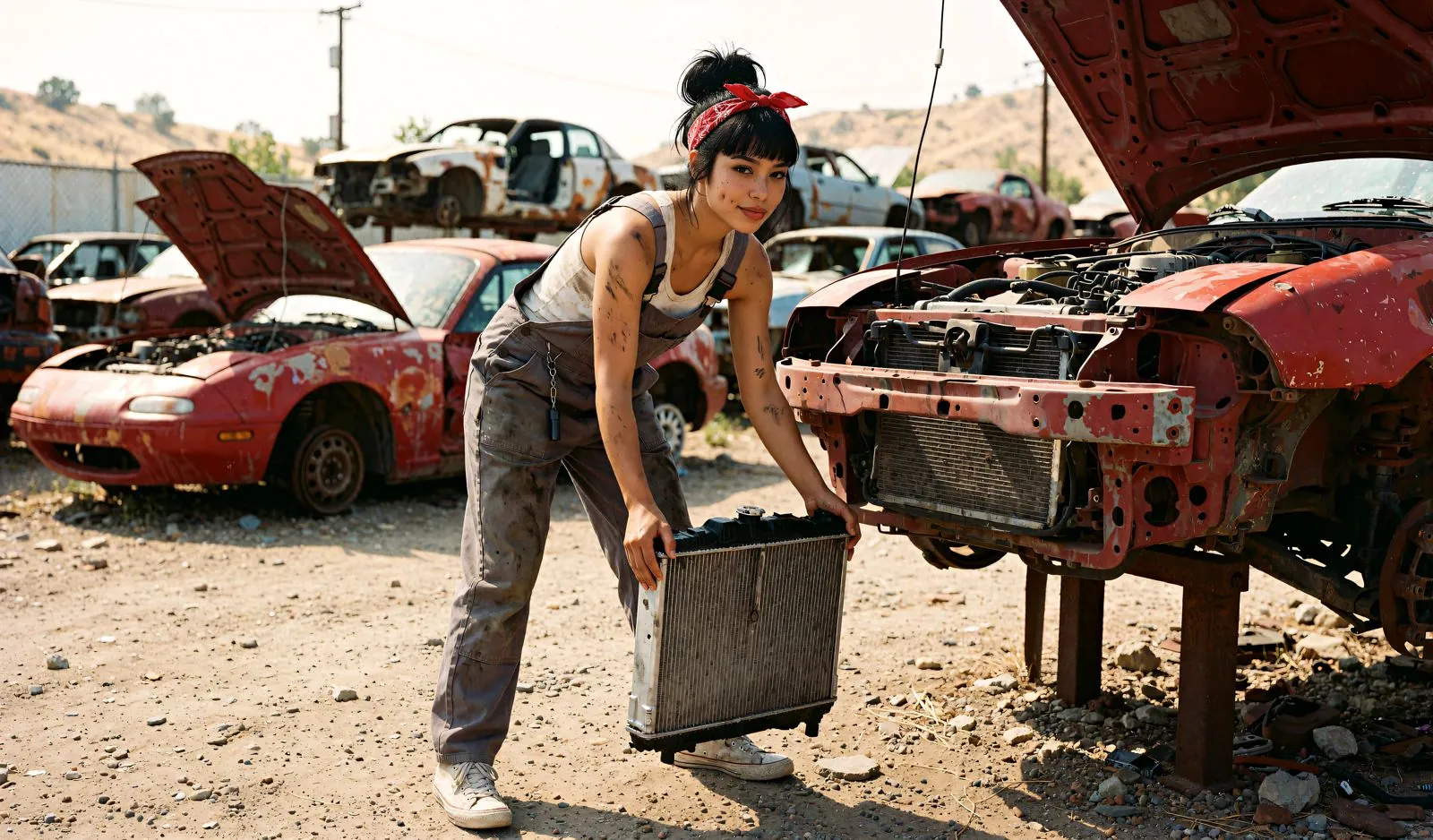 Juno pulls a radiator out of a wrecked donor car in the junkyard heat