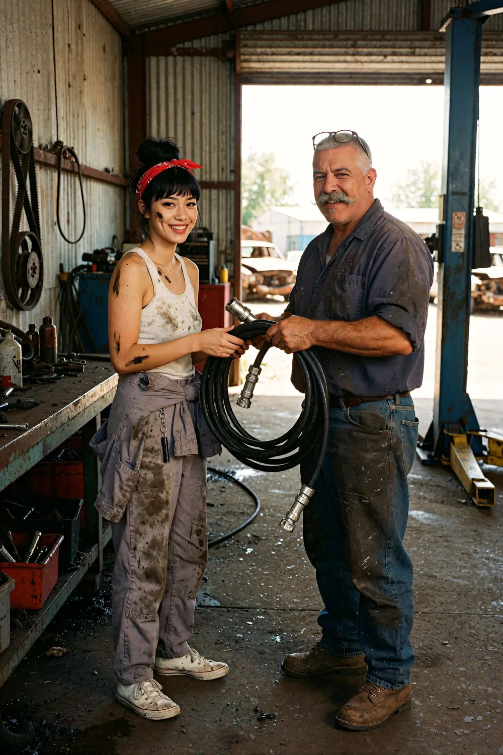 Hector hands Juno a new radiator hose at the bench, both laughing