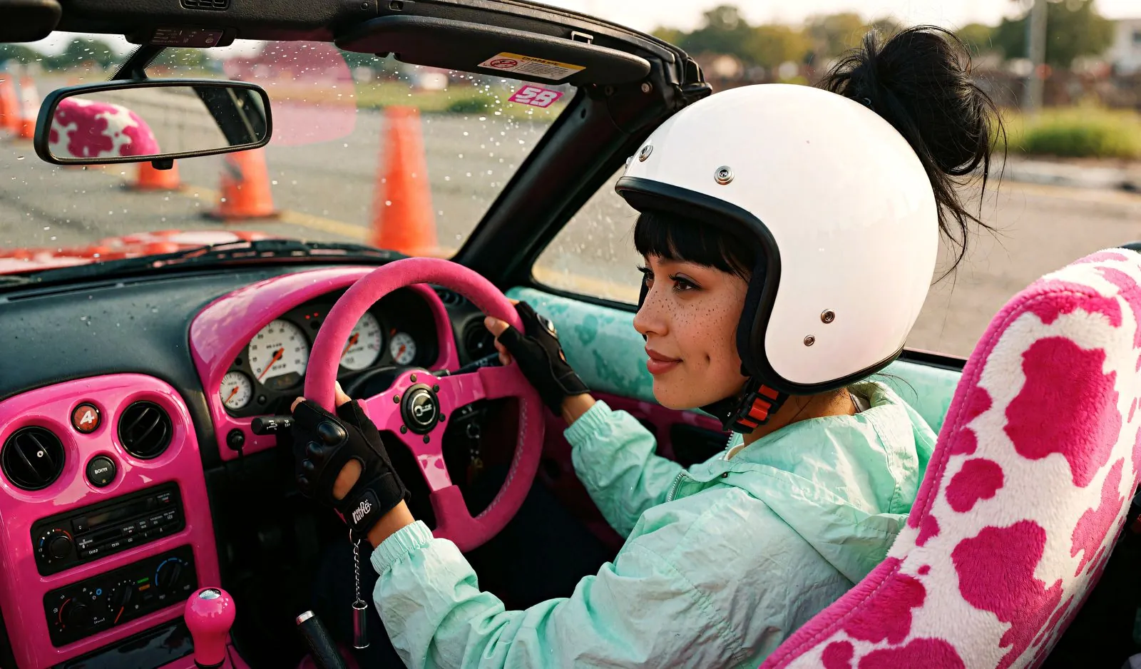 Over her shoulder: gloved hands on the pink wheel, cones rushing at the windscreen