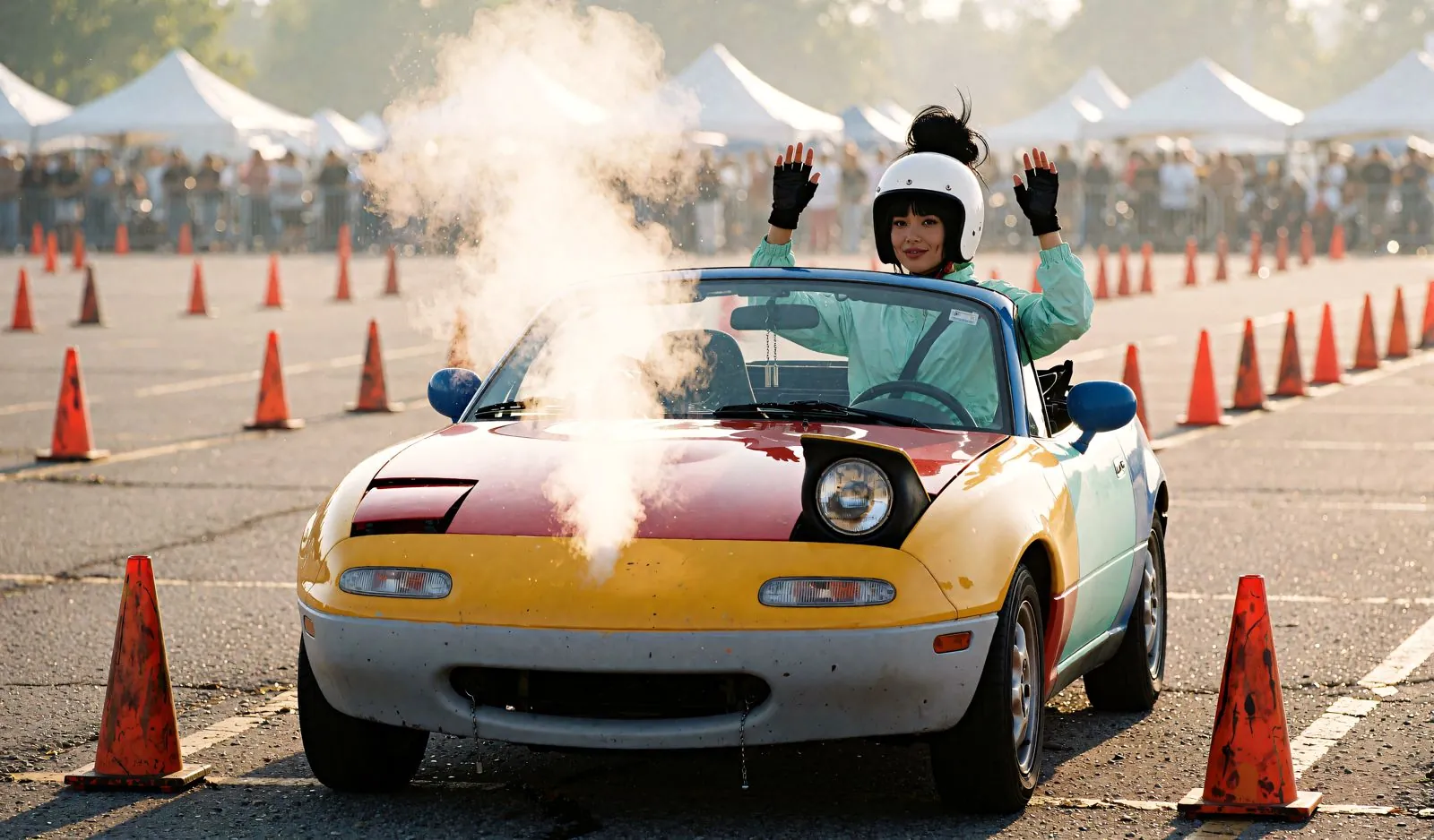 Steam erupts from the hood as Tofu stops dead between the cones