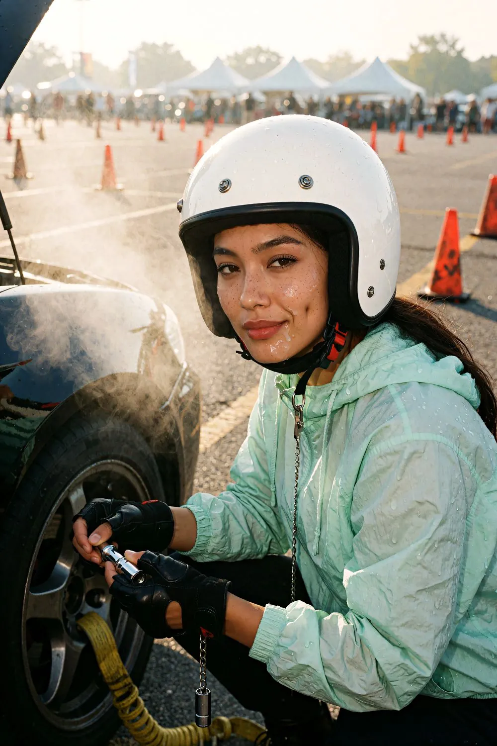 She kneels at the wheel with a socket in her teeth, a tow strap ignored by her knee