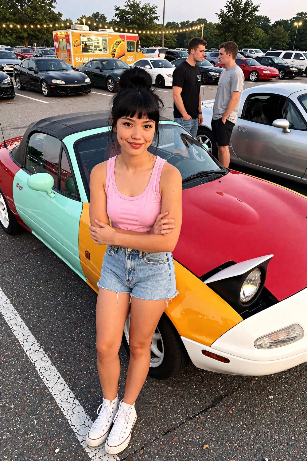 Juno at the meet in a pink tank top, two guys staring