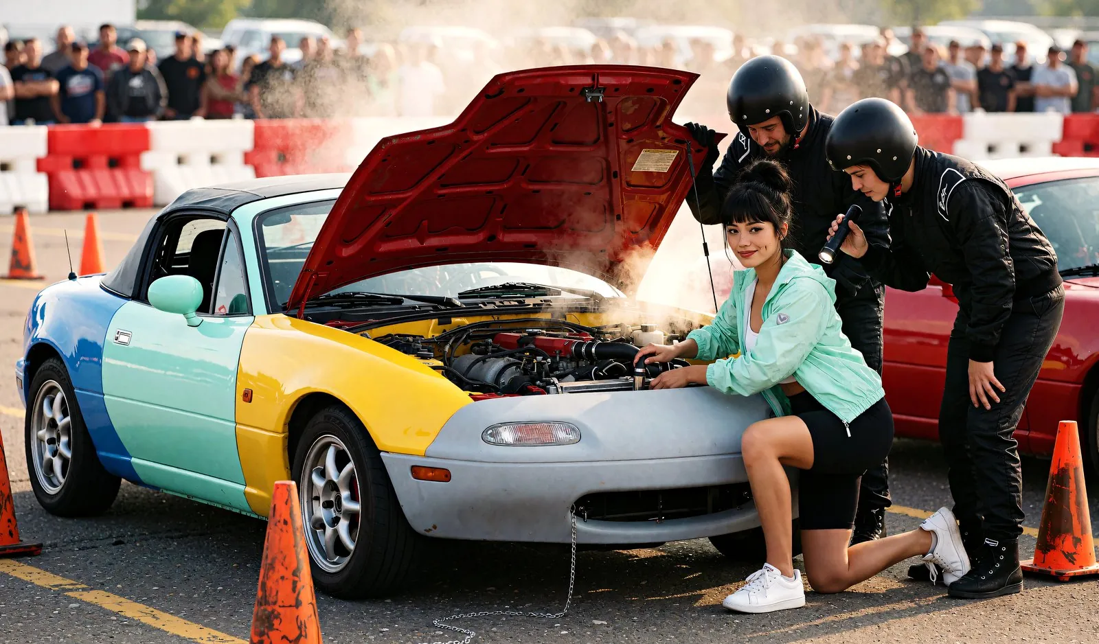 Two rival racers hold the hood and a flashlight while Juno swaps in the spare hose